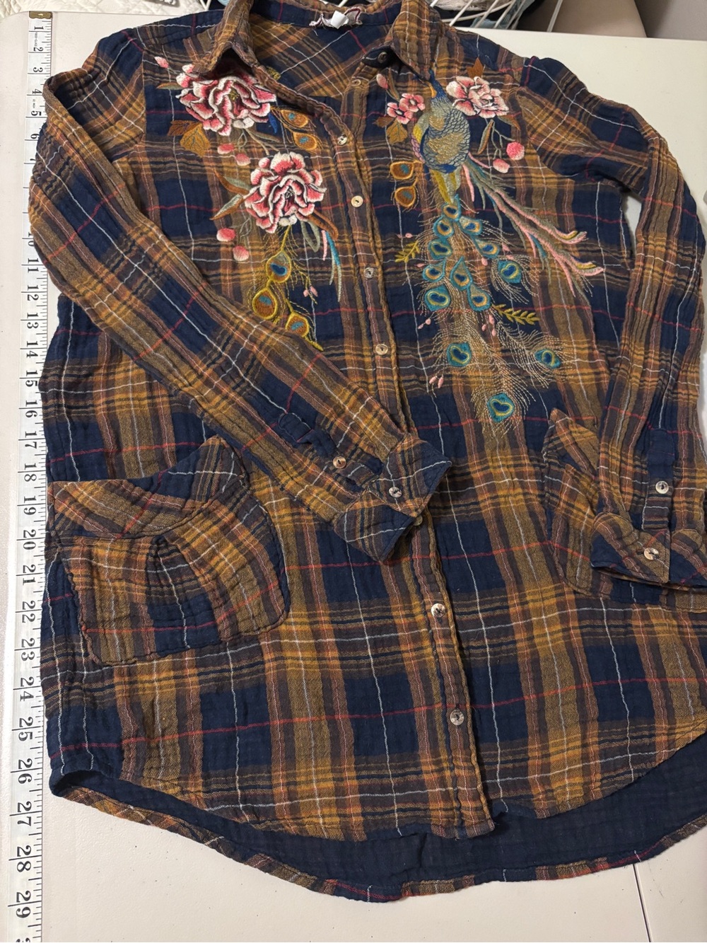 Johnny Was Quito Painters Smock Size Small Tunic Plaid Floral Peacock Gauze Soft - Picture 7 of 11